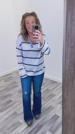 Gray Striped Vneck Collared LS Top (SM-XL)