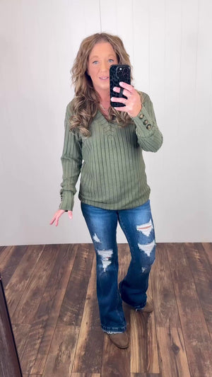 Olive Vneck Ribbed Sweater LS (SM-2X)