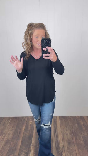 Black Vneck Loose Long Sleeve Basic Tee (SM-3X)