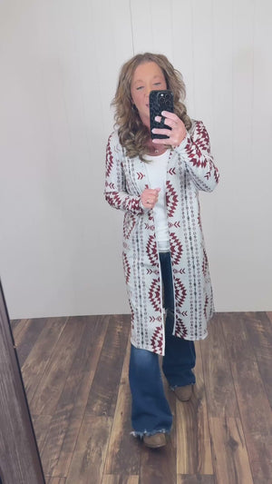 Oatmeal Brown Aztec Lightweight Long Cardigan (SM-2X)