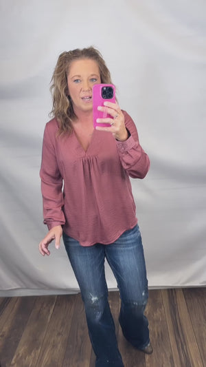 Dk Mauve Textured Satin Vneck LS Blouse (SM-3X)