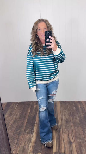 Teal & Cream Striped Pullover LS (SM-XL)