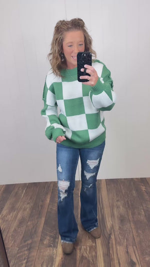 Green Checkered Oversized Pullover Sweater (SM-2X)