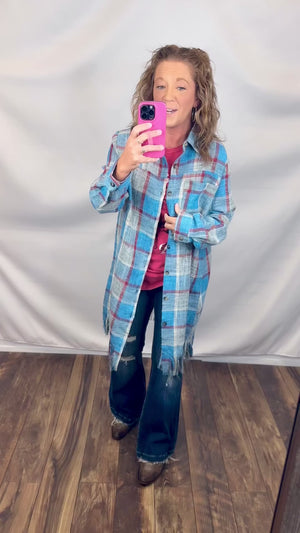 Blue Red Gray Plaid Frayed Button Up Long Shacket