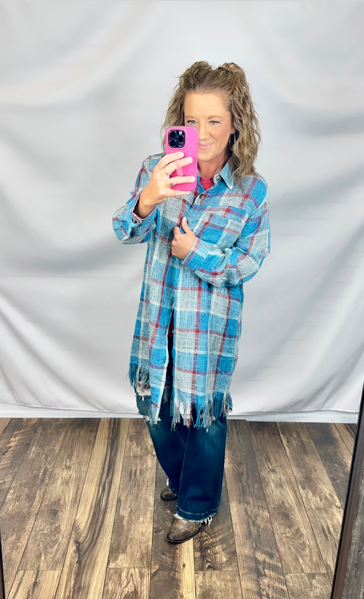 Blue Red Gray Plaid Frayed Button Up Long Shacket