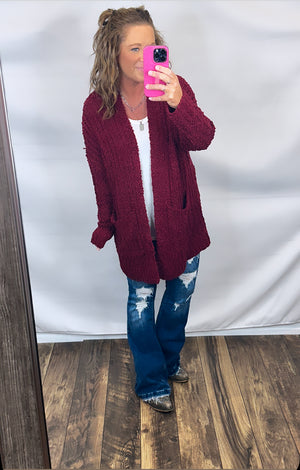 Burgundy Ribbed Popcorn Pocket Cardigan