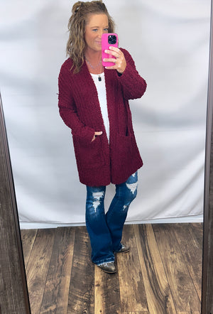 Burgundy Ribbed Popcorn Pocket Cardigan