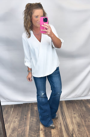 White Crossover Roll Tab Blouse