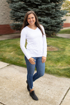 White Basic Cotton Vneck Long Sleeve Tee (SM-3X)