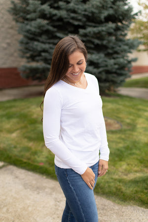 White Basic Cotton Vneck Long Sleeve Tee (SM-3X)