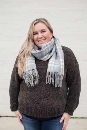 Gray Cream Lt Blue Plaid Scarf